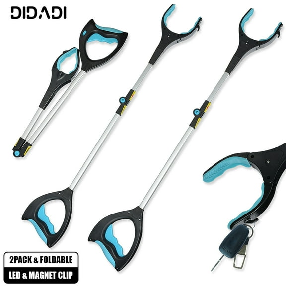 2PACK Reacher Grabber Tool with LED Light & Strong Magnetic Tip,32" Foldable Pickup Grabbers for Elderly Grab It Reaching Tool,Aluminum Alloy Gripper Tools,Lightweight Trash Picker for Garden Patio