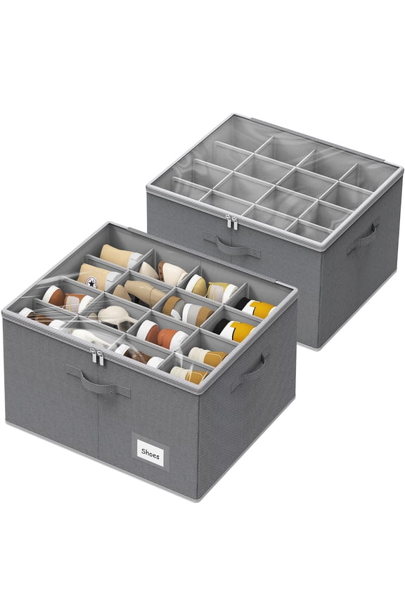 2PACK Shoe Organizer for Closet Washable PP Board, Large Fabric Shoes Organizer Storage Box Foldable, Adjustable Dividers Shoe Storage Bins with Lid for Canvas Sandals Sneakers Fits 16 Pairs Gray