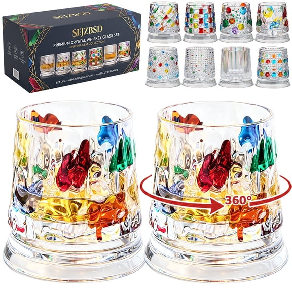 2PACK Spinning Drinking Glass Cup Crystal Hand-Painted Embossed Rotating Whiskey Glasses Set Unique Luxury 360° Old Fashioned Wine Bourbon Tumbler with Colorful Relief Cocktail Rocks Men Bar