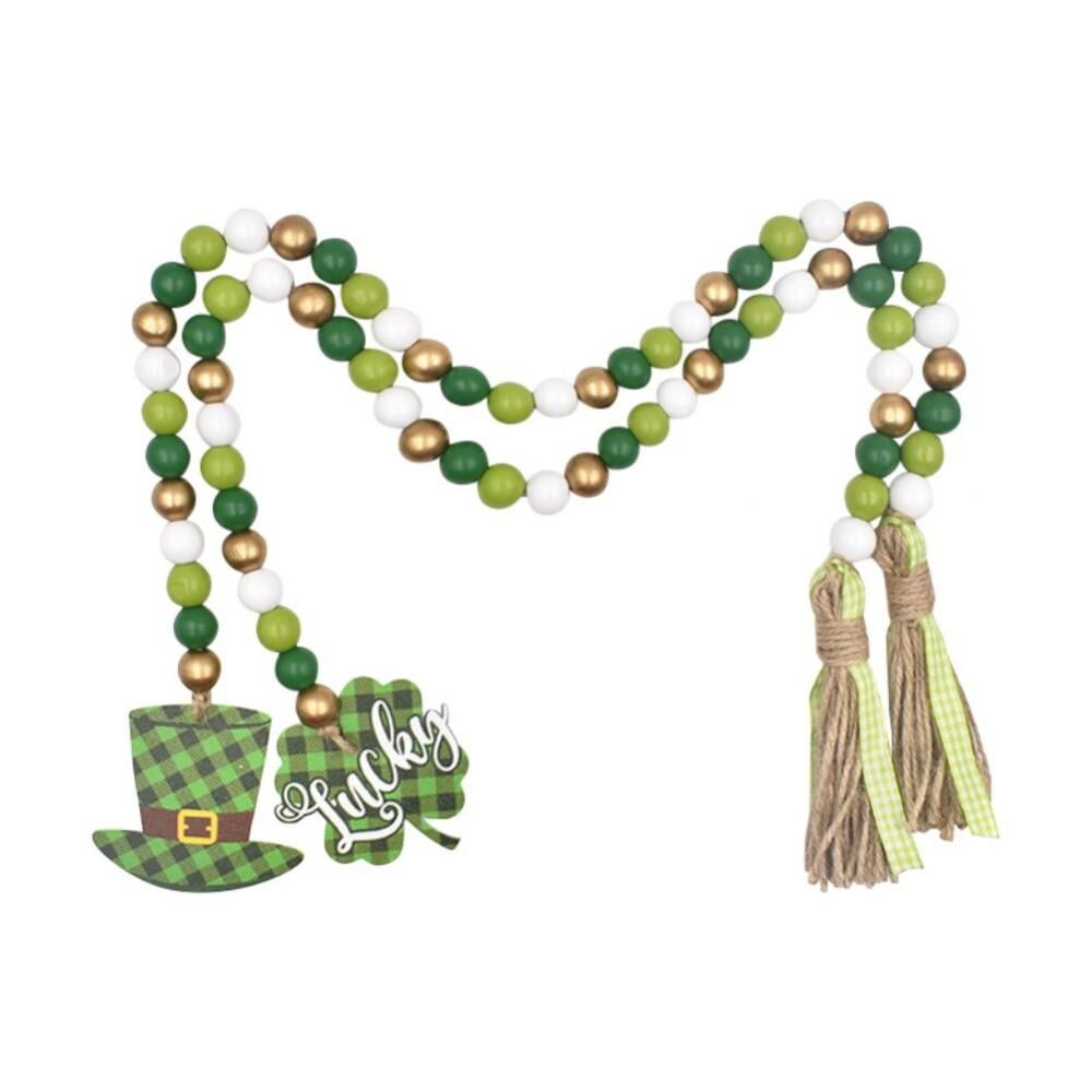 2PACK St Patricks Day Wood Beaded Garland with Tassel,Farmhouse Rustic Beads Garland with Green Shamrock and Hat Ornment for Irish Home Tiered Tray Dcor