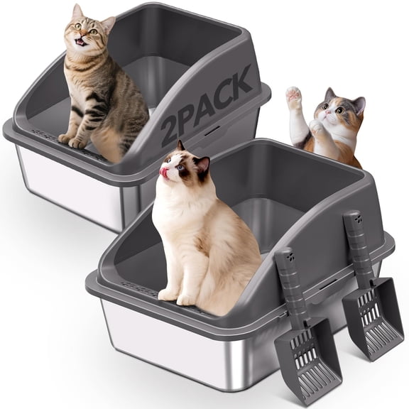 2PACK Stainless Steel Cat Litter Box, 20" L x 13.8" W x12 H Metal Kitty Litter Box with Lid, Never Absorbs Odors, Leak-Proof, Non-Sticky, Easy to Clean, with Scoop