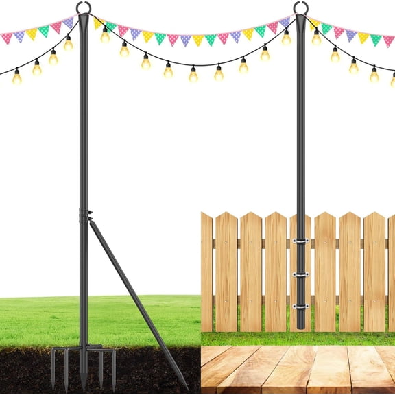 2PACK String Light Pole, Heavy Duty Light Poles for Outside with Side Support Road and 5-Prong Fork, Metal Post for Hanging String Lights for Deck, Fence, Patio Garden, Backyard, Wedding or Party