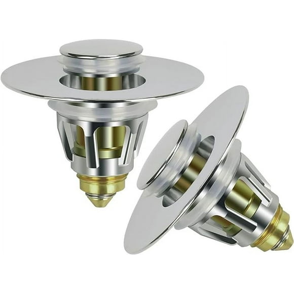 2PACK Universal Bathroom Sink Stopper,1.1-1.5 Inch Bullet Core Push Type Basin Pop-up Drain Filter,Bathtub Converter Sink Drain Strainer Plug No Overflow with Basket Hair Catcher