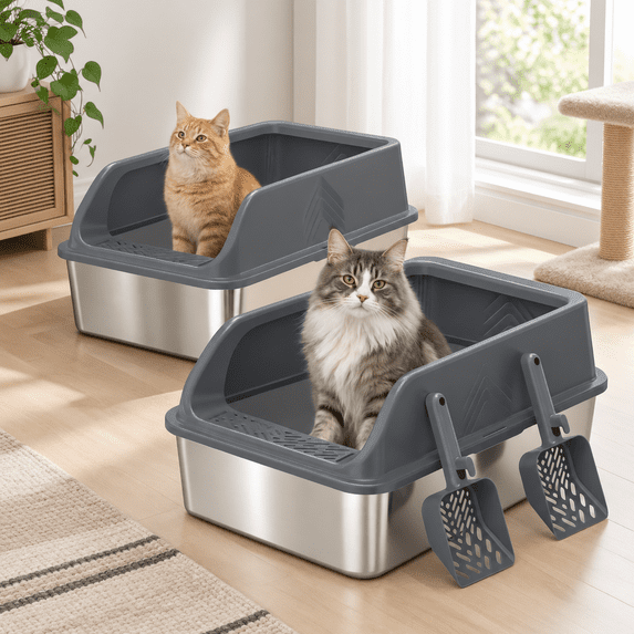 Large Cattery 2PACK-(XL)Dark Gray X-Large Stainless Steel Cat Litter Box Enclosed For ...