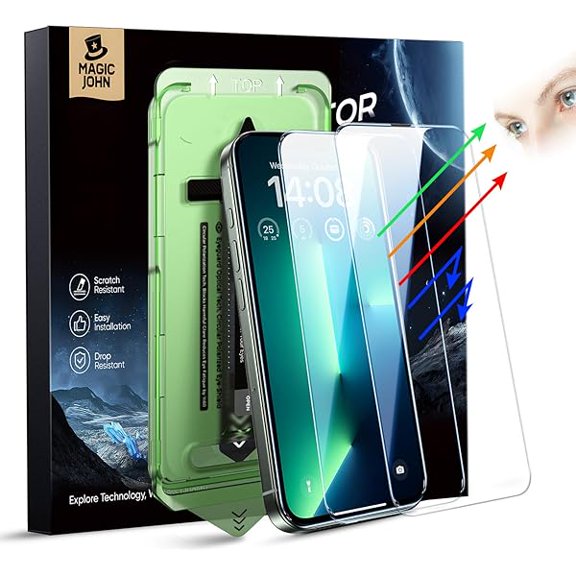 2PACK for iPhone 13/13Pro/14/16e (6.1") Eye Protection Screen Protector, Blue Light Filter, HD Clear, Auto Dust-Elimination, 9H Tempered Glass & Scratch Resistance, Full Edge Coverage