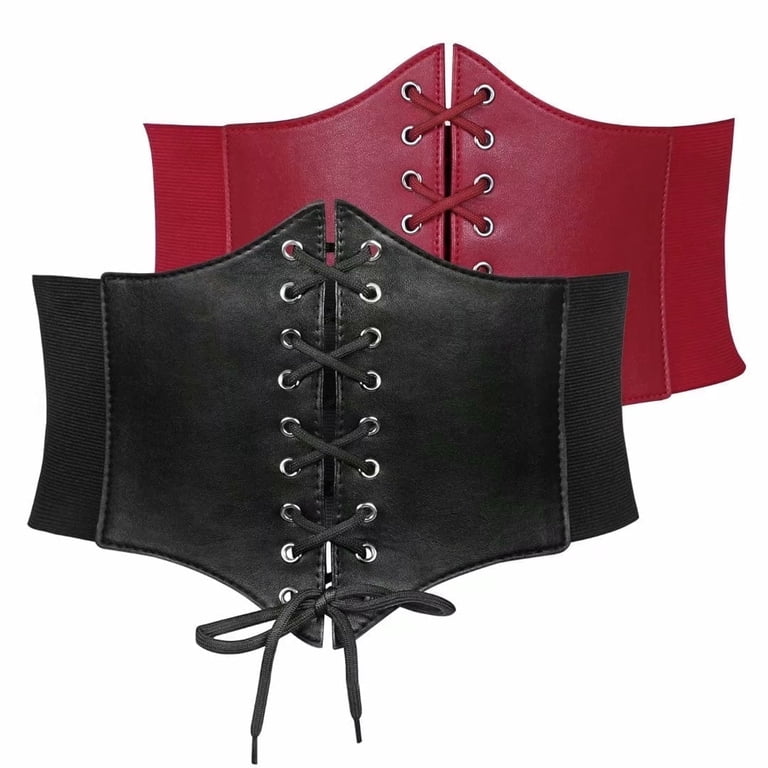 Red - Black leather waist belt corset Red Corset Belt, Plus Size High Waist Fringe Belt, Boho  main image 3