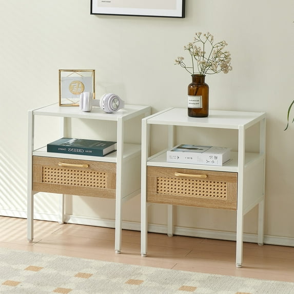 Modern Nightstand, Rattan End Side Table with Drawer and Storage Shelf, Bedside Table with with Metal Legs for Living Room, Bedroom, White