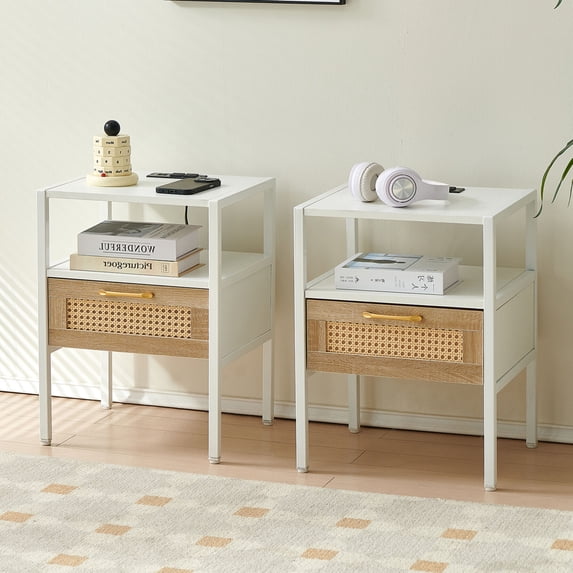 2PC 15.75" Rattan End Table with Power Outlet & USB Ports, Modern Nightstand with Drawer & Metal Legs, Side Table for Living Room Bedroom, White
