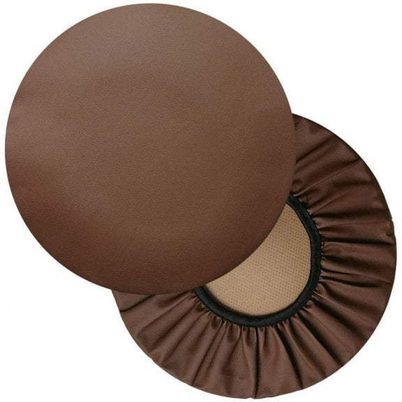 2PC 16in Round Bar Stool Cover Watedrproof Faux Leather Stool Slipcover Anti-Slip Round Seat Cover Coffee