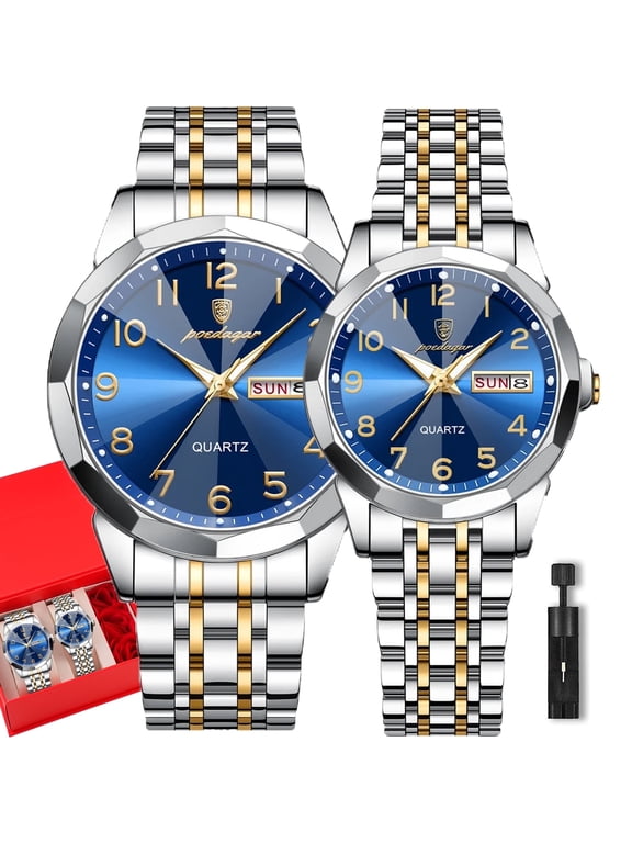 2PC/1Set POEDAGAR Luxury Couple Wristwatch Waterproof Luminous Date Quartz Stainless Steel Watches With Rose Gift Box