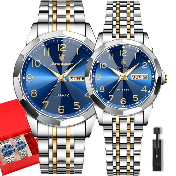 2PC/1Set POEDAGAR Luxury Couple Wristwatch Waterproof Luminous Date Quartz Stainless Steel Watches With Rose Gift Box
