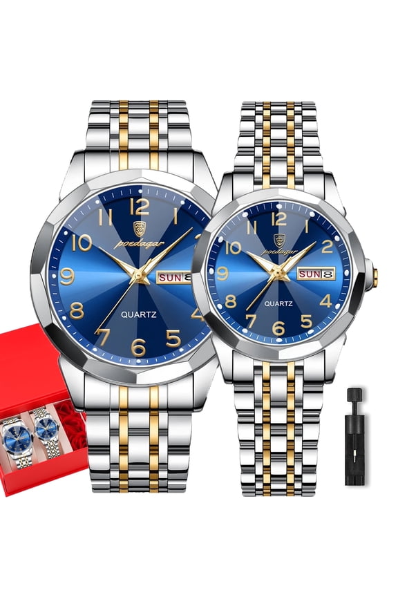 2PC/1Set POEDAGAR Luxury Couple Wristwatch Waterproof Luminous Date Quartz Stainless Steel Watches With Rose Gift Box