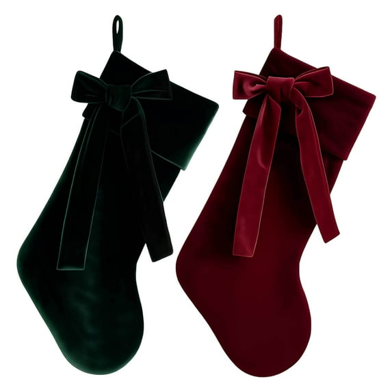 2PC 20 Inch Velvet Christmas Stocking with Large Decorative Bow Luxury Velvet Stocking for Fireplace Mantel, Elegant Holiday Decor Christmas gifts (Green&Red)