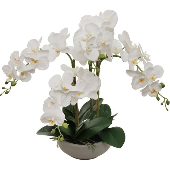 2PC 20" White Phalaenopsis Orchid 4 Stems Artificial Flower Arrangement with Round Grey Pot for Home, Office & Event Dcor