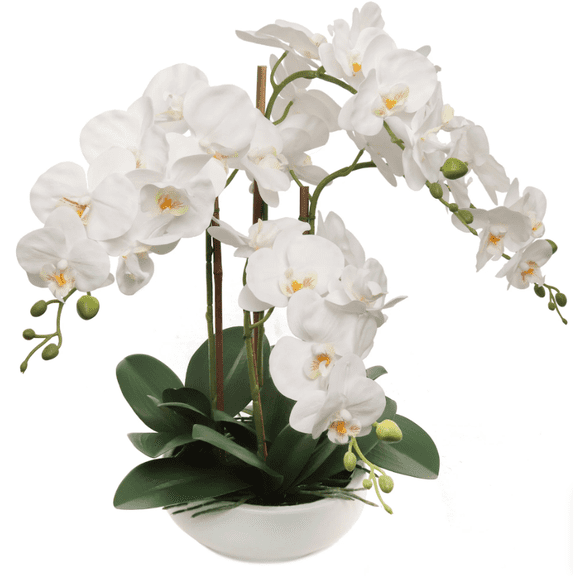 2PC 20" White Phalaenopsis Orchid 4 Stems Artificial Flower Arrangement with Round White Pot for Home, Office & Event Dcor