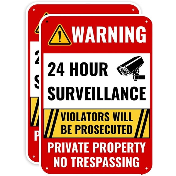 2PC 24 Hour Surveillance Sign, 14 x 10 Inches - Aluminum - Private Property No Trespassing - Security Camera Metal Warning Sign