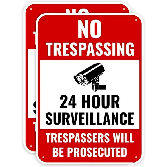 2PC 24 Hour Surveillance Sign, 14 x 10 Inches - Aluminum - Private Property No Trespassing - Security Camera Metal Warning Sign