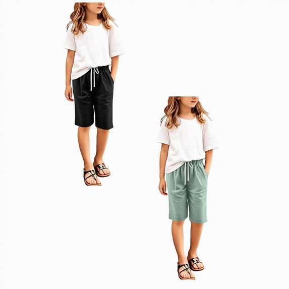 2PC 3T Girl Clothes Summer Clothes Girls Cotton Linen 𝐁ermuda Shorts Knee Length Elastic Waist 2026 Summer Drawstring Casual Beach Vacation Shorts