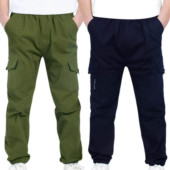 2PC 4-13Years Boys And Girls Childrens Sports Cargo Pants Stretch Elastic Waist School Kids Twill Joggers