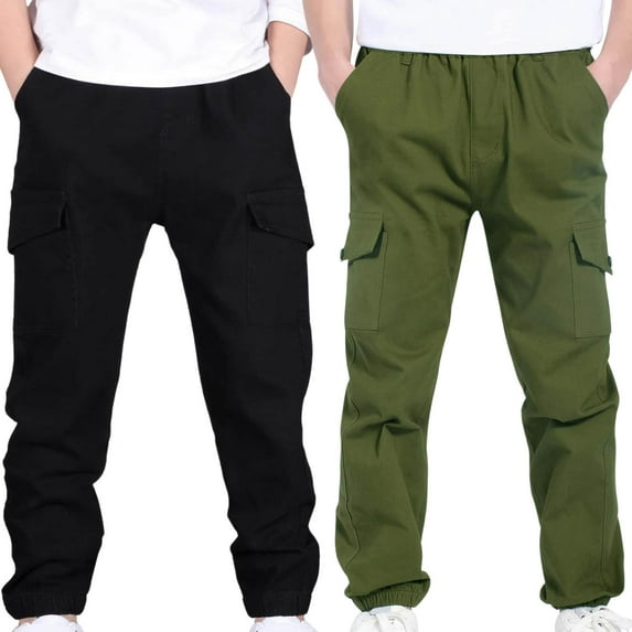 2PC 4-13Years Boys And Girls Childrens Sports Cargo Pants Stretch Elastic Waist School Kids Twill Joggers