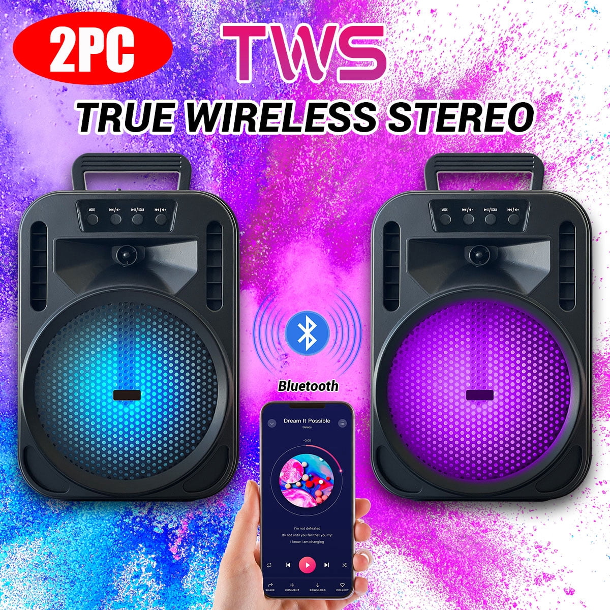 2PC 4000W Bluetooth Wireless Speaker with 6.5" Woofer, Heavy Bass, LED Party Lights, Rechargeable PA System with Handle, TWS/USB/TF/AUX/FM for Indoor & Outdoor , Camping & Home Parties
