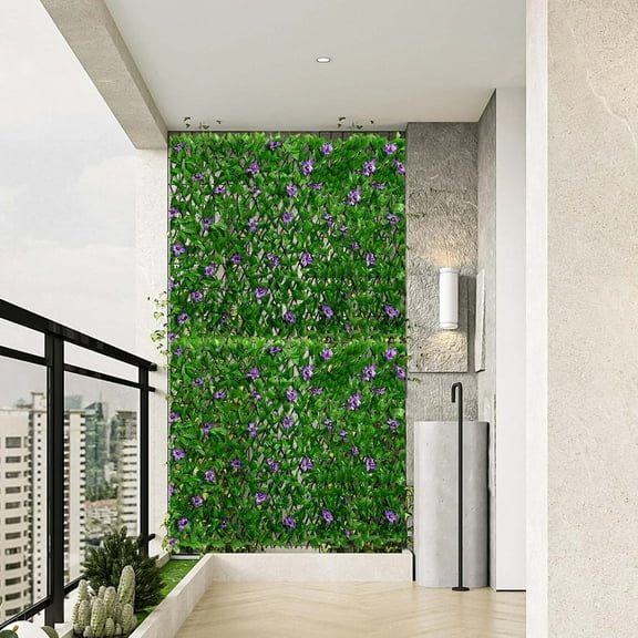 2PC 40cm Expandable Fence Privacy Screen, Simulated Fence Leaf with Purple Flower Fence, Wooden Fence, Easy to Install and Retractable, Suitable for Wedding Garden Backyard Decoration