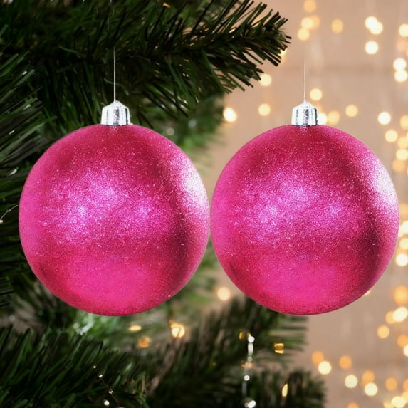 2PC 6" Glitter Extra Large Solid Oversized Huge Big Outdoor Plastic, Water Resistant Ball Ornament Hanging Tree Decorations Pink