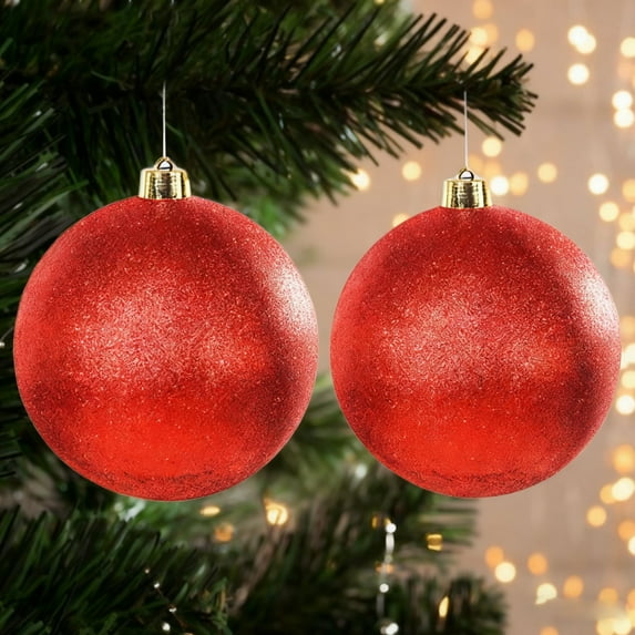 2PC 6" Glitter Extra Large Solid Oversized Huge Big Outdoor Plastic, Water Resistant Ball Ornament Hanging Tree Decorations Red