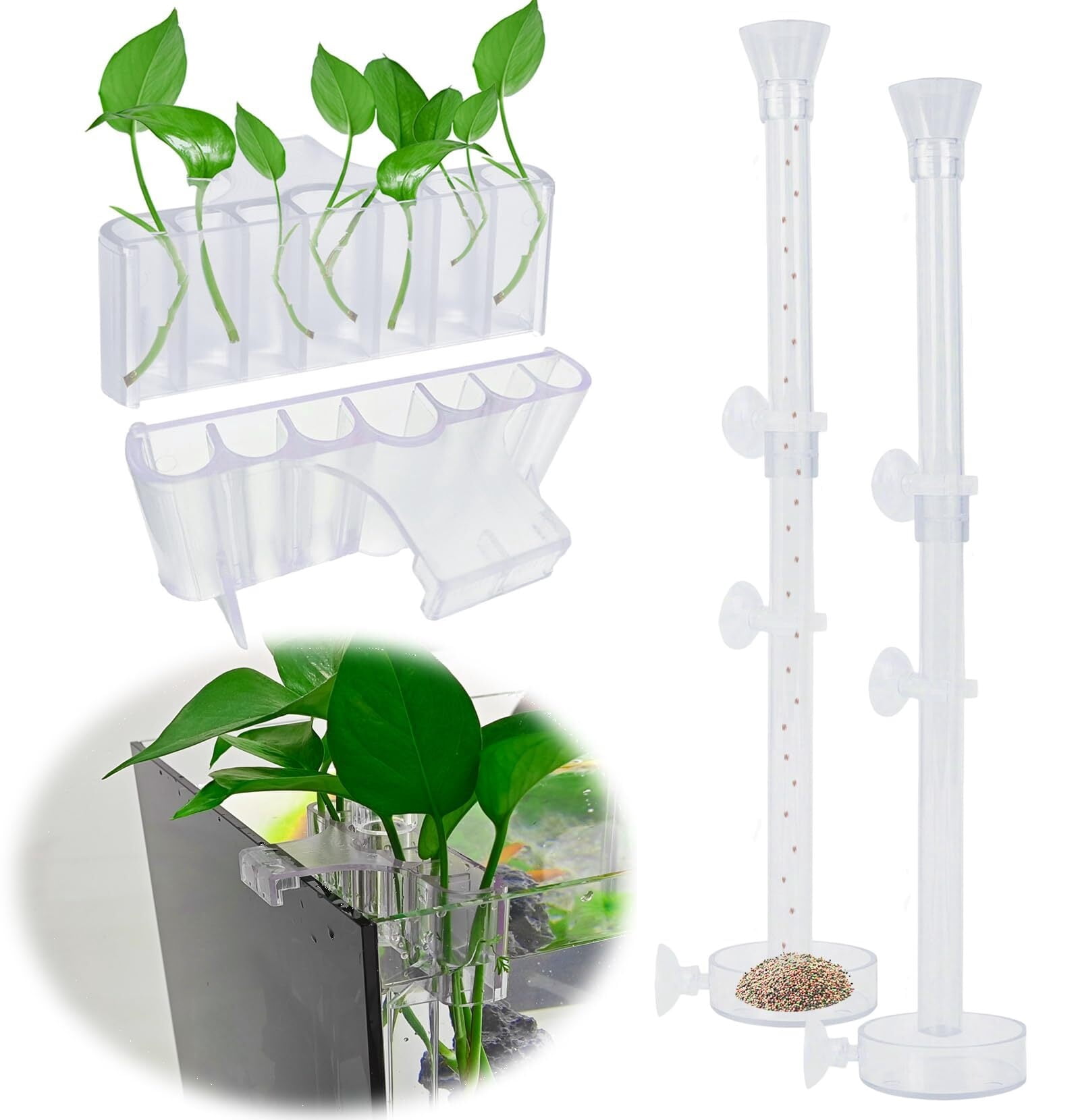 2PC 7 Holes Upgraded Aquarium Plant Holder, Aquatic Plant Cup for Tank, Fish Tank Plant Holder with Long Hook, Aquarium Feeder for Aquascape Decorations on Top of Tank (Transparent-2PC)