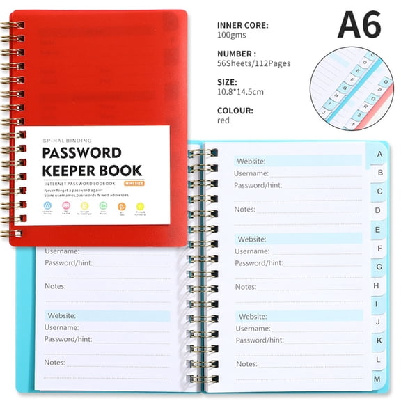 2PC A6 Password Notebook with Customized Alphabet Label Index, Professional Business Meeting Coil Journal with Security Lock, Portable Spiral Planner for Privacy Stationery Supplies