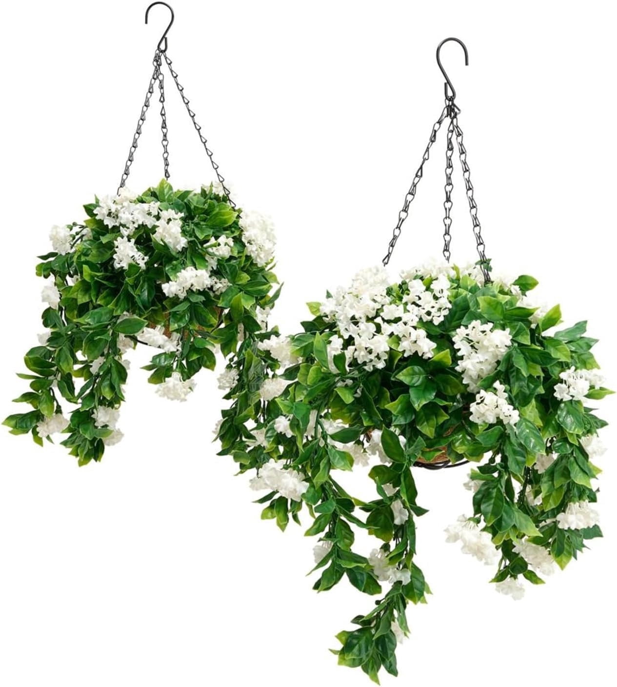 2PC Artificial Faux Hanging Plants Flowers Basket 15" Faux UV Resistant Crepe Myrtle for Outdoors Indoor White