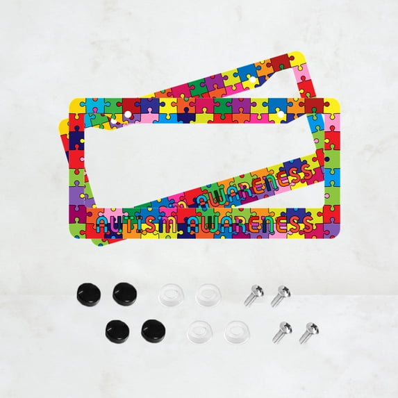 2PC Autism Awareness License Plate Prame Aluminum Rust-Proof Auto Parts License Plate Decorative Screws Fit Standard 2 Holes 1 U.S. License Plate, 12.2x 6.3 Inch