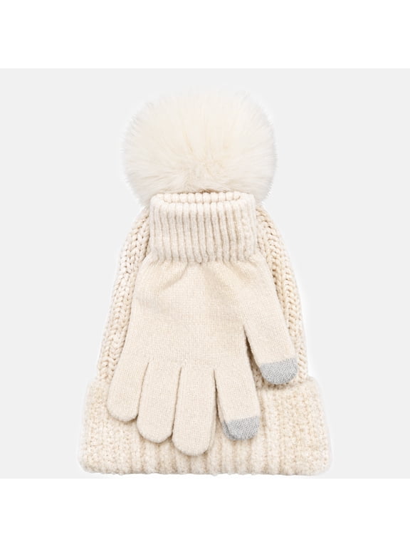 2pc Set Chenille Beanie And Texting Glove, Ivory