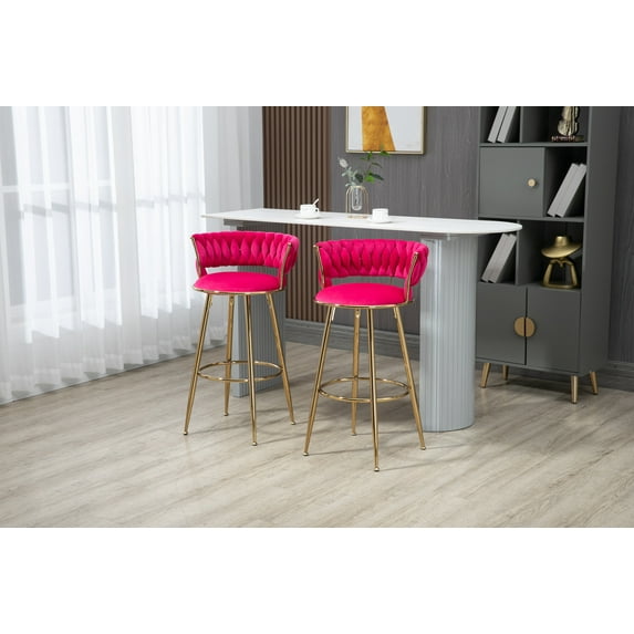 2PC Bar Stools with Woven Hollow Back and Footrest, Modern Velvet Bar Chairs with Gold Metal Legs, Counter Height Dining Chair for Living Room Dining Room Kitchen Island, Red