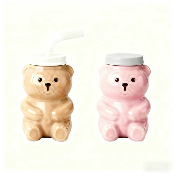 2PC Bear Sippy Cup Brown and Pink Bear Plastic Cup with Lid and Straw Cute Kawaii Bear Plastic Bottle Mug for Juice Milk Tea Smoothies Infused Water Beverage Straw&strawless (PC-2PC)