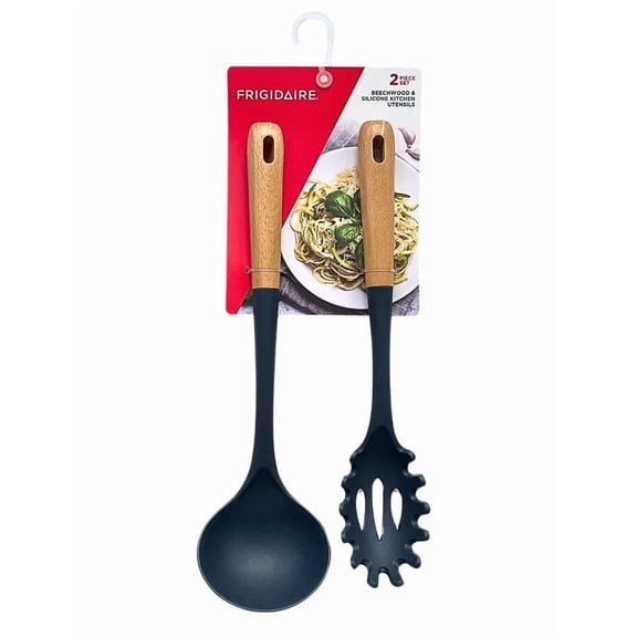 2PC Beechwood Silicone Utensil Set, Large Soup Ladle, Large Pasta Fork, Heat-Resistant, Kitchen Cooking Utensils with Wooden Handle