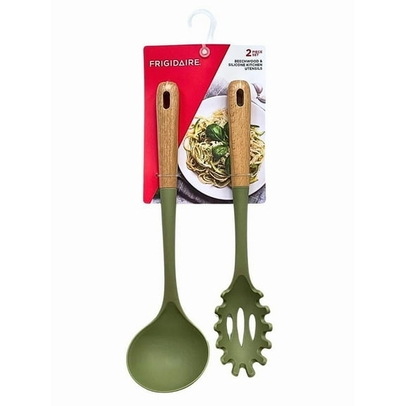 2PC Beechwood Silicone Utensil Set, Large Soup Ladle, Large Pasta Fork, Heat-Resistant, Kitchen Cooking Utensils with Wooden Handle