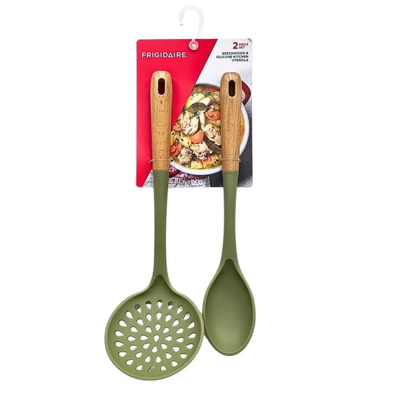 2PC Beechwood and Silicone Utensil Set, Large Skimmer, Large Spoon, Heat-Resistance Kitchen Utensils with Beechwood Handle