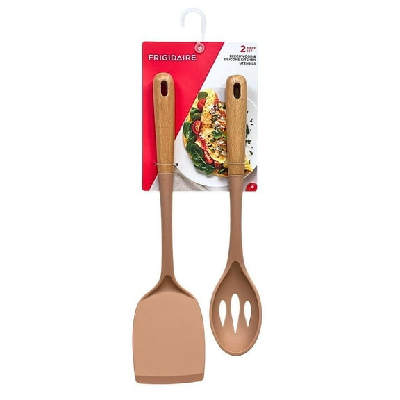 2PC Beechwood and Silicone Utensil Set, Large Turner, Large Slot Spoon, Kitchen Cooking Utensils with Beechwood Handle and Silicone Head