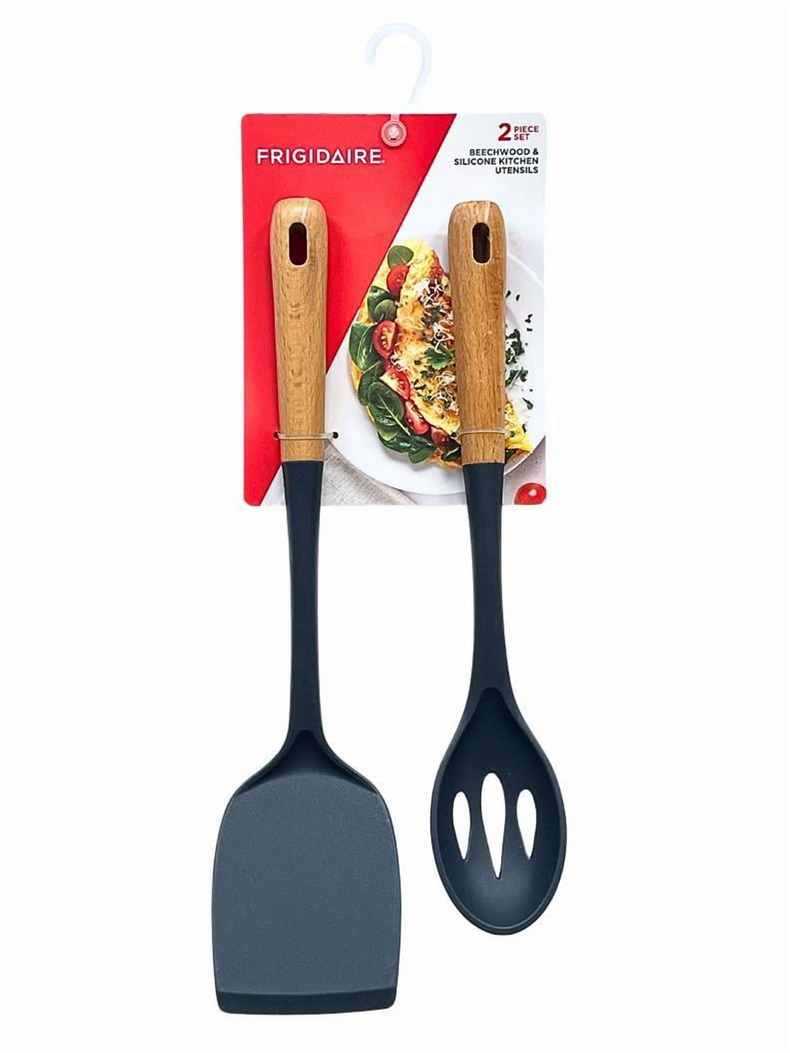 2PC Beechwood and Silicone Utensil Set, Large Turner, Large Slot Spoon ...