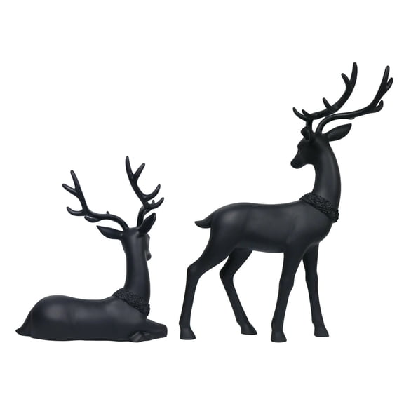 2PC Black Deer Tabletop Decoration, Reindeer Statues Imitation Metal Resin Deer Sculpture, Black Finish European-Style Modern Decorative, Christmas Tabletop Ornaments 9.84in&7.87in