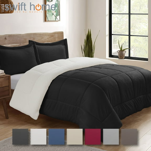 2PC Black Twin (66" x 86") Sherpa & Faux Micromink Comforter and Sham Bedding Set Reversible Ultra Plush