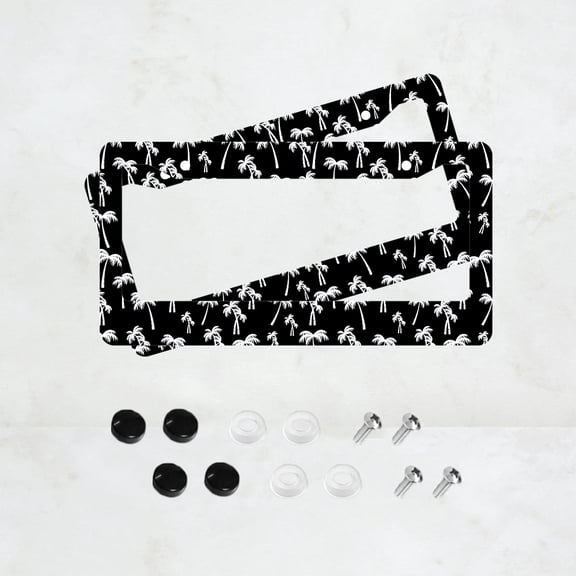 2PC Black White Palm Trees License Plate Prame Aluminum Rust-Proof Auto Parts License Plate Decorative Screws Fit Standard 2 Holes 1 U.S. License Plate, 12.2x 6.3 Inch