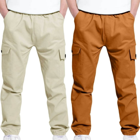 2PC Boys Cargo Pants Stretch Elastic Waist Sweatpants with Pockets Twill Casual Athletic Jogging School Trousers 4-14 Years
