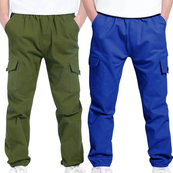2PC Boys Cargo Pants Stretch Elastic Waist Sweatpants with Pockets Twill Casual Athletic Jogging School Trousers 4-14 Years
