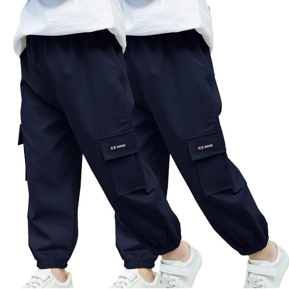 2PC Boys Pants Casual Children's Solid Color Pocket Casual Sports Ankle Bound Pants Boys Cargo Joggers Pants Kids Elastic Waist Trousers 2-14 Years