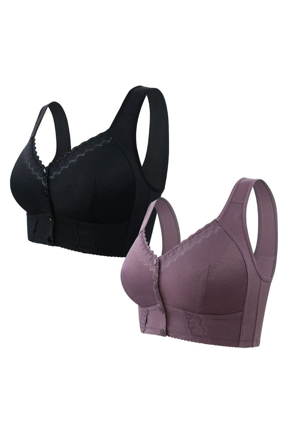 2PC Bras for Women Plus Size Front Closure Button Lace Embroidered Push Up Full Coverage Comfortable Wirefree Bra,Purple,46 C