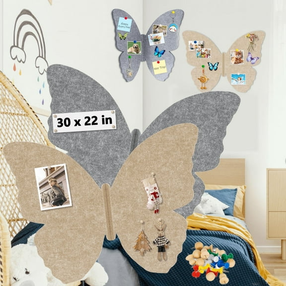 2PC Butterfly Felt Board Cork Board for Walls DIY Bulletin Board 30"x 22" Pin Board for Home, School Wall Decor Office Cork Boards Paste Notes Photos Schedules Decorative Pinboard, Grey & Camel