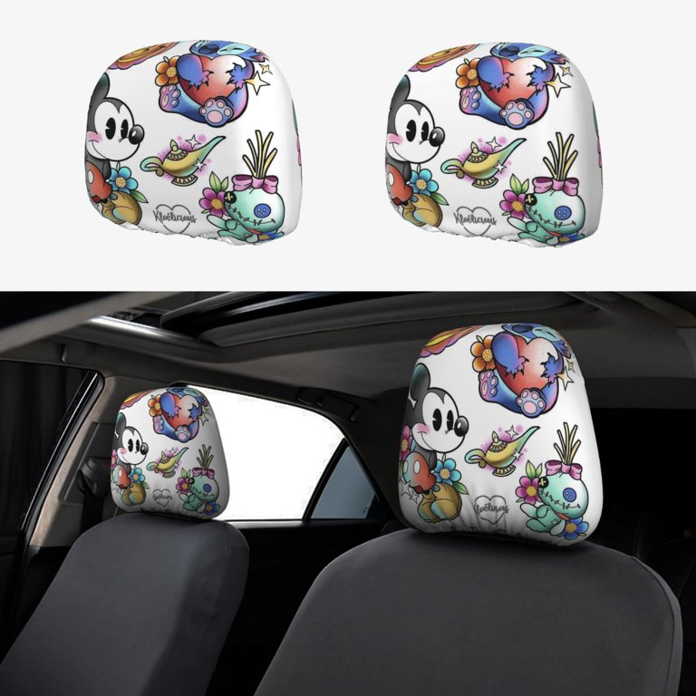 2PC Car Headrest Cover Mickey mouse Car Seat Covers Minnie And Daisy Donald Duck Goofy Pluto Universal to All Car Models for Girl Women men gift W134