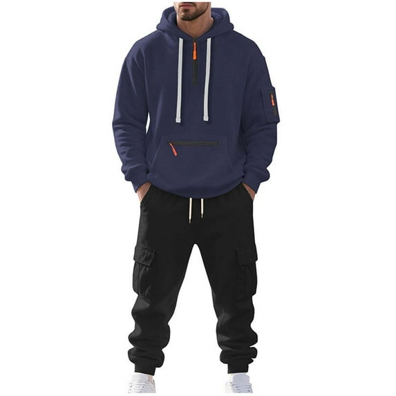 2PC Cargo Sweatsuit for Men Long Sleeve Color Block Quarter Zip Hoodie Elastic Cuffed Joggers Outfit Set with Pockets Black 3XL
